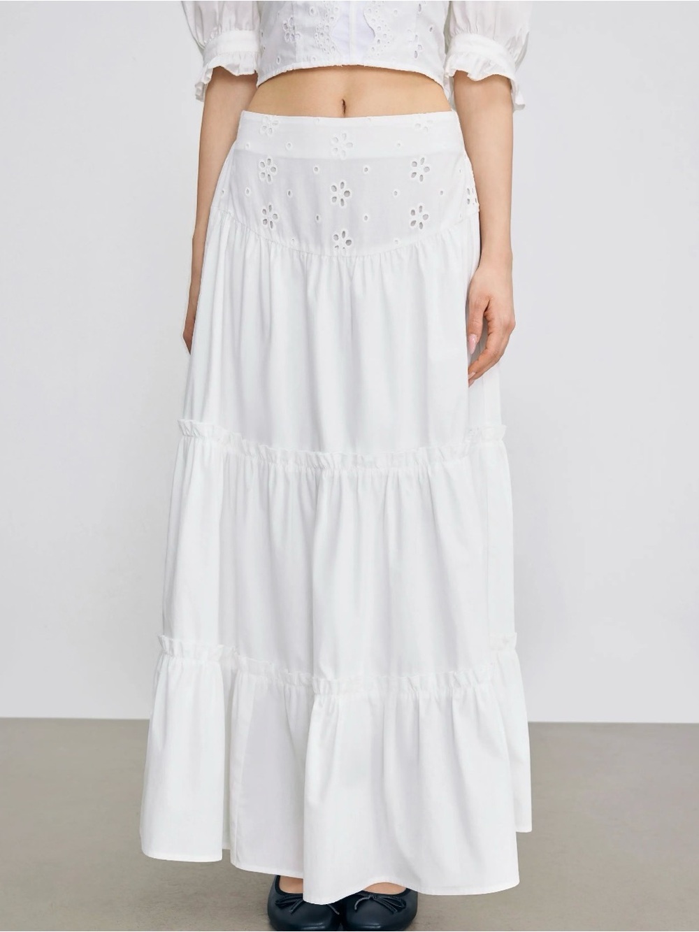WOVEN RUFFLE BRODERIE ANGLAISE TIERED MAXI SKIRT